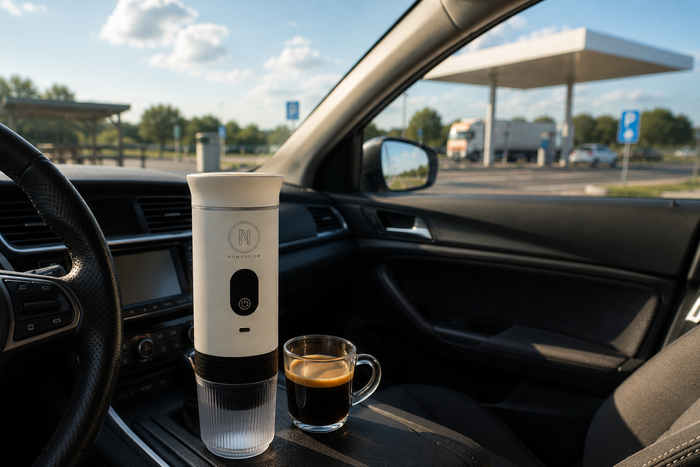 Machine à café portable NomadCoffee utilisée dans une voiture à l’arrêt sur une aire d’autoroute