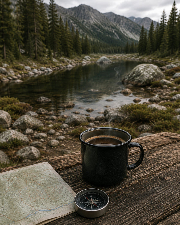 Espresso chaud préparé en voyage avec NomadCoffee près d’un lac alpin
