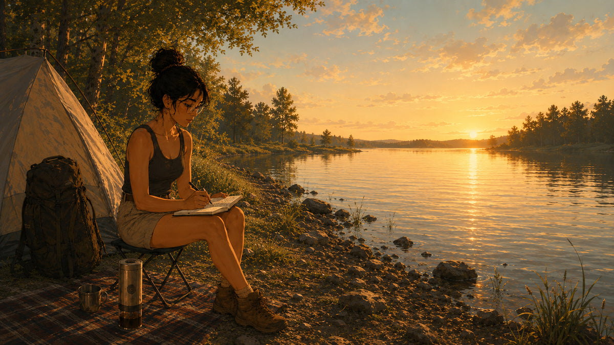 Lecture et pause café en camping au bord d’un lac au coucher du soleil