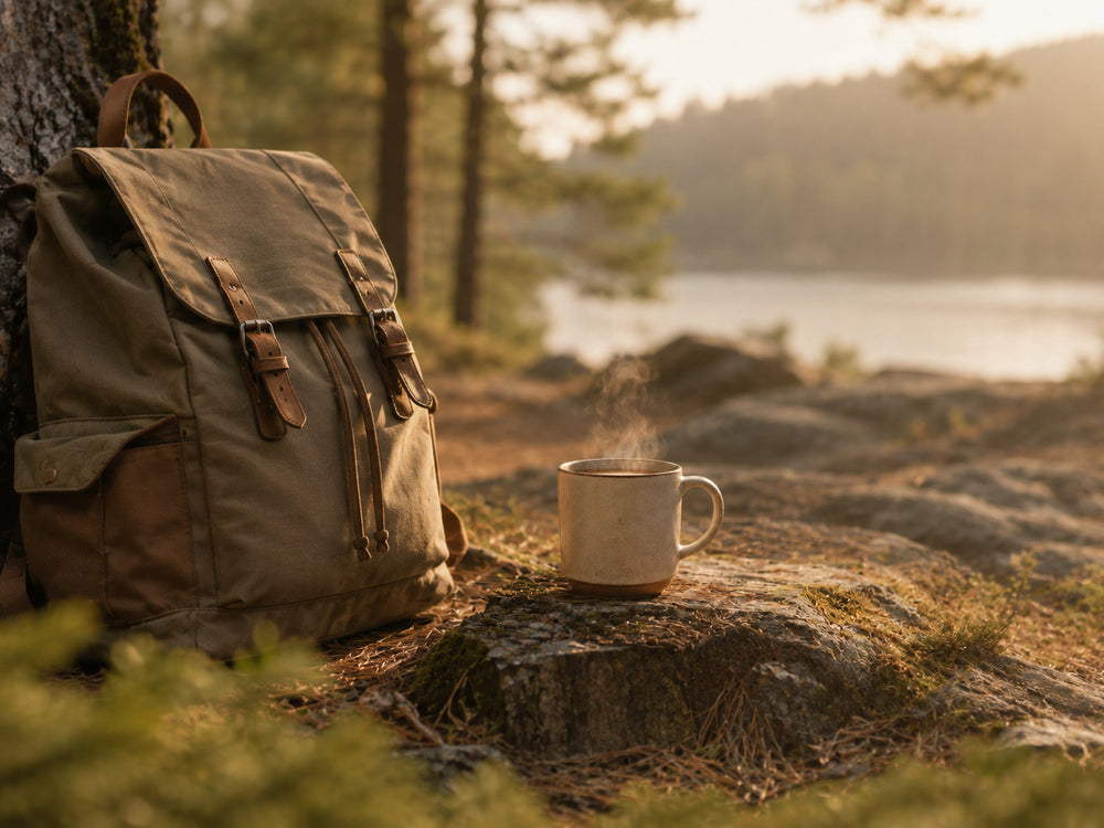 Sac à dos et tasse de café au bord d’un lac